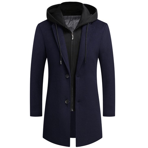 Men's Slim Fit Overcoat Wool Coat Winter Casual Jacket Trench Coat Removable hat - Picture 6 of 19