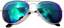 AVIATOR SILVER METAL FRAME BLUE-GREEN REFLECTIVE COLORED MIRROR LENS SUNGLASSES