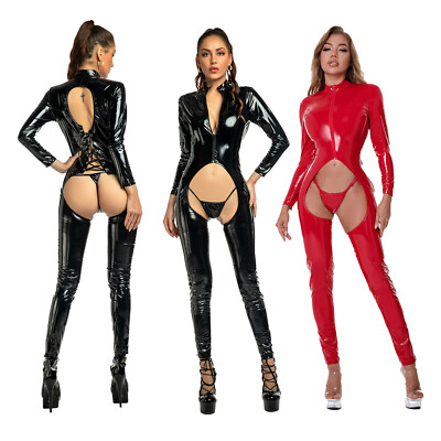 Women's Metallic Leather Bodysuit Crotchless Cut Out Latex Zipper Skinny Catsuit
