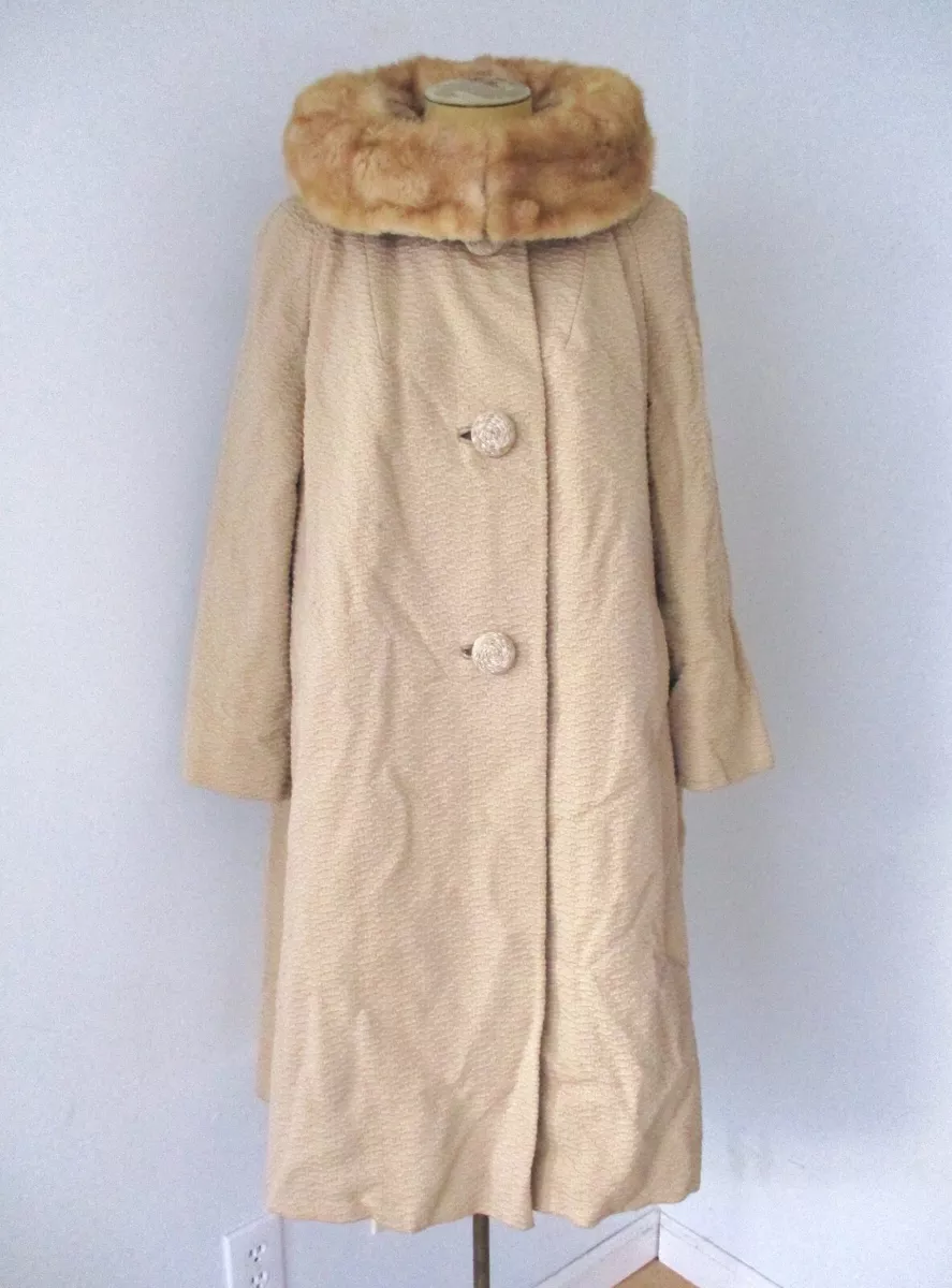 Incompetencia Color de malva Correctamente Vtg 50s 60s biscuit beige rockabilly coat mink fur collar spiral buttons  L/XL | eBay