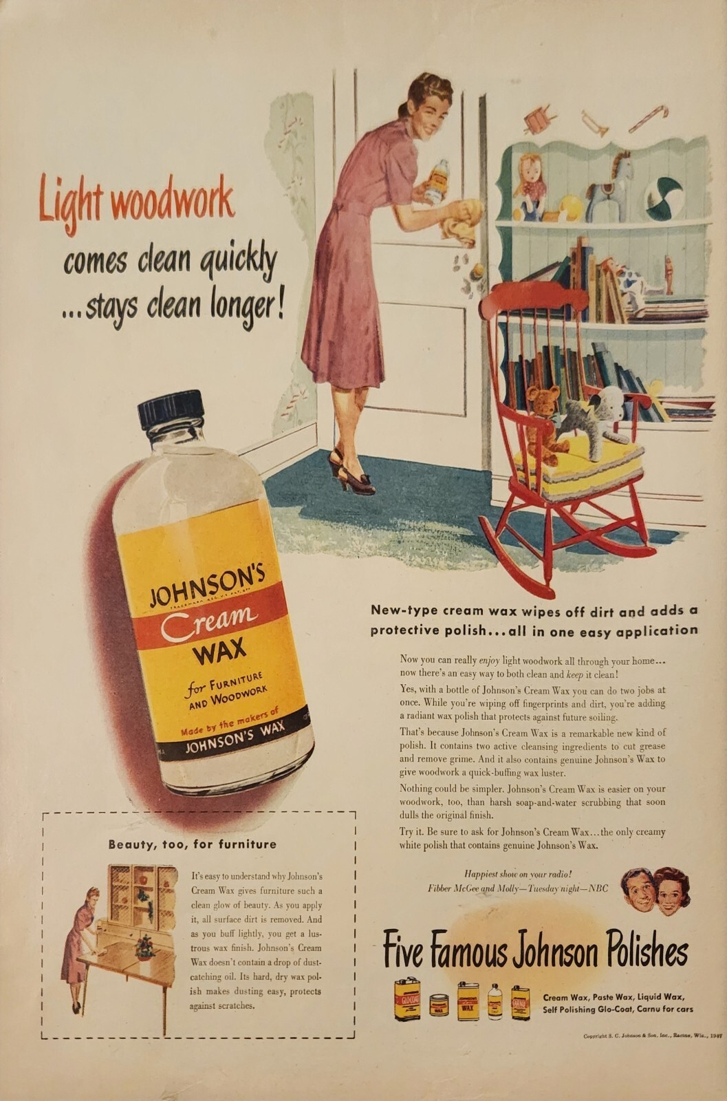 1947 Johnsons cream wax for furniture and wood work Vintage Ad light