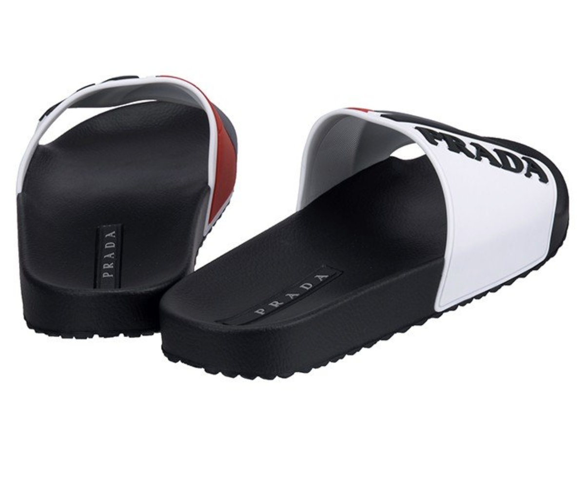 Prada Logo Embossed poolside Slides Sandals linea rossa