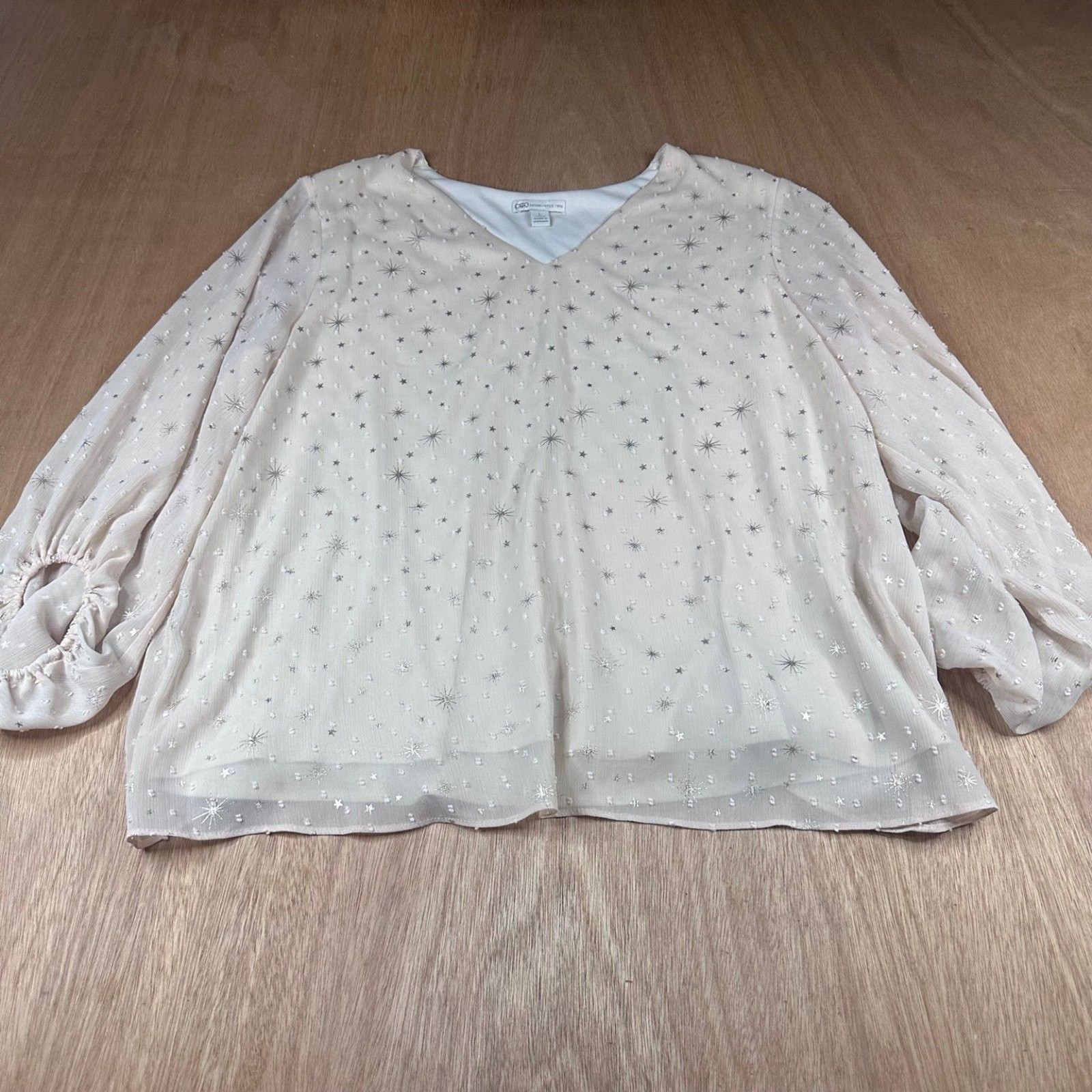 Cato Women’s Sheer Star Blouse Silver Foil Long Sleeve Size L Lined