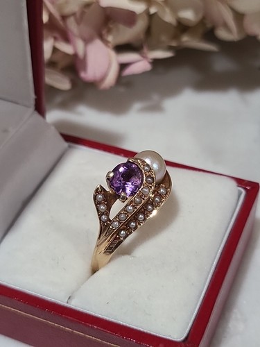 Estate 14k solid yellow Gold 6.8mm Pearl Amethyst Ring Vintage size 7.5 - Picture 10 of 16