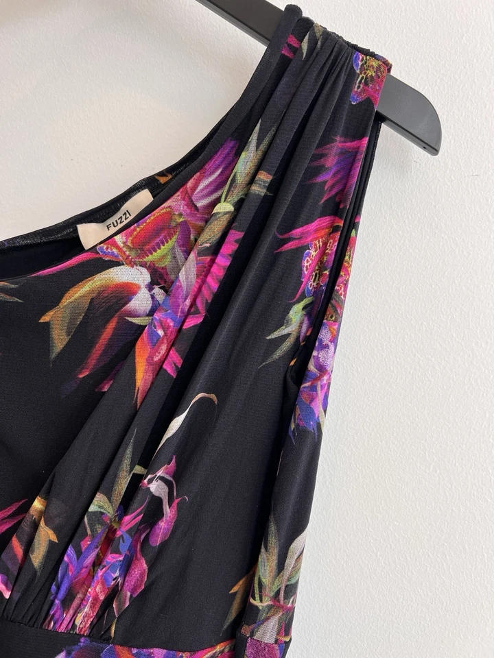 Mono Fuzzi Estampado Floral Un Hombro Corbata Cintura Talla S - Negro Púrpura Verde Foto 4 de 4