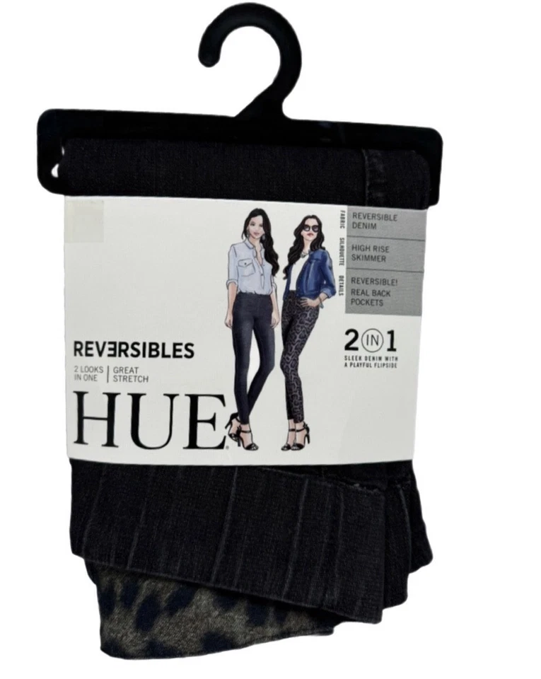Nuevo HUE Reversible Alto Rise Skimmer Denim Cheetah 2 en 1 Bolsillos Traseros Reales Talla M Foto 2 de 4