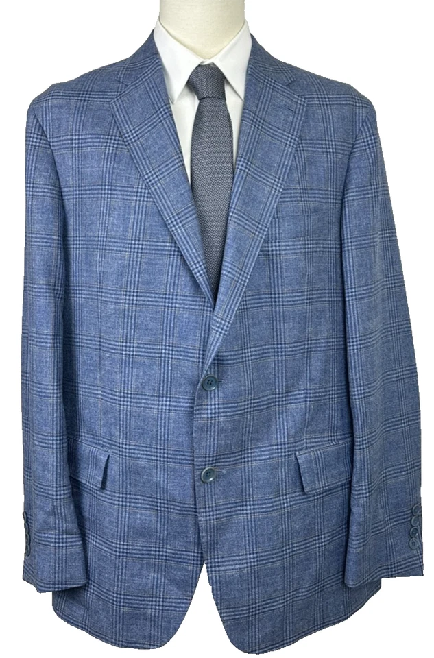 Abrigo deportivo Hart Schaffner Marx 44R azul a cuadros ajuste Nueva York suave lana seda lino Foto 3 de 4