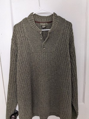 Eddie Bauer Men's XL Ribbed Knit Henley Sweater Green Cotton Chunky Outdoor EUC