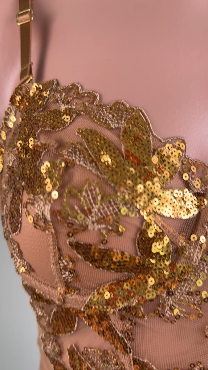 victoria secret gold sequin dress Very Sexy Sequined Ziggy Glam Floral Embroidery Unlined Corset Top, Beige, 32C - Women's Bras Yellow sequin slip