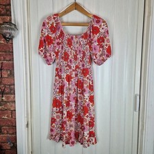 Roman UK 8 Pink Red Floral Shirred Midi Dress Puff Sleeve Boho