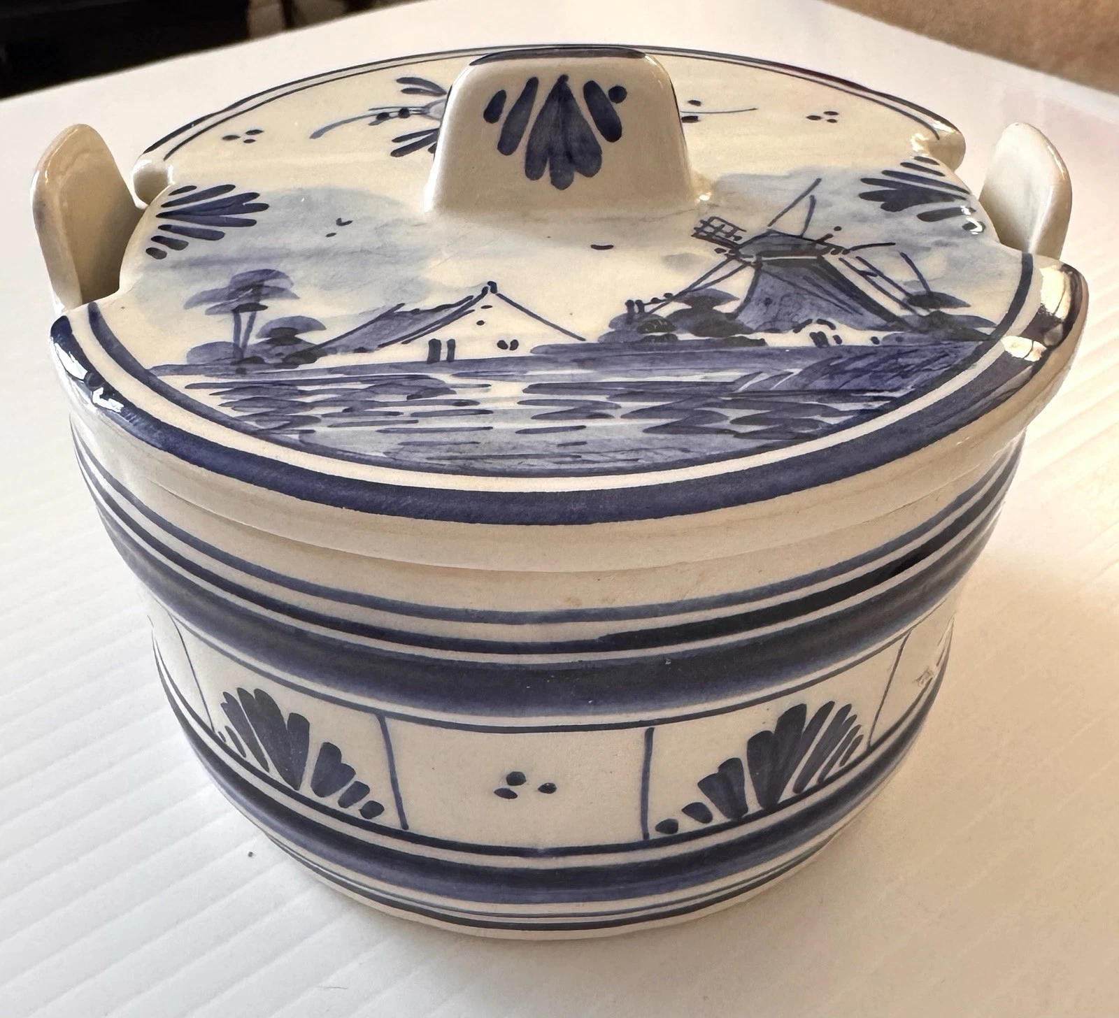 M De Wit Delft Holland Blue & White Covered Butter Dish Hand Painted