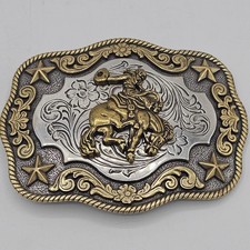 Nocona Belt Buckle Mens Silver Western Cowboy Bronc Rider Stars Rodeo 2 Tone