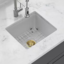 18 in. Undermount Single Bowl White Quartz Kitchen Sink with Bottom Grids