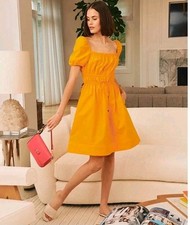 LDT Claire Square Neck Smocked Short Puffed Sleeve Drawstring Front Yellow Dress