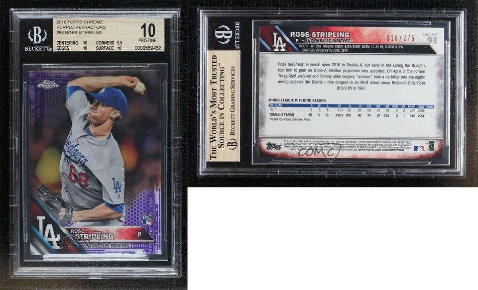 2016 Topps Chrome Purple Refractor /275 Ross Stripling BGS 10 PRISTINE Rookie RC - Image 3 of 3