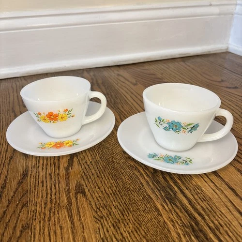 Vintage Fire King White Milk Glass Red Blue Flower Tea Cup & Saucer Set Of 2 EUC