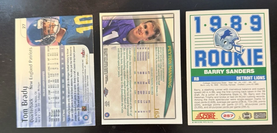 NFL HOF RC INVESTOR LOT 2000 TOM BRADY SKYBOX # 27, 1989 B. SANDERS SCORE #25 - Image 2 of 4