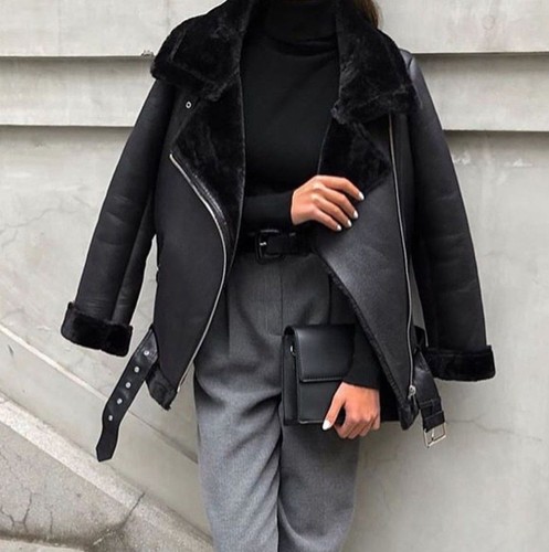 ZARA BLACK FAUX LEATHER SHEARLING FUR DOUBLE FACED BIKER JACKET AVIATOR COAT NEW - Picture 15 of 24