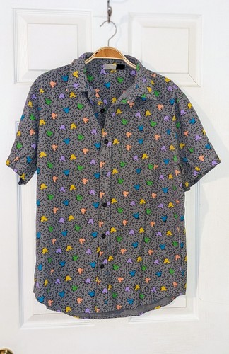 Disney Mickey Mouse Colorful Pattern Shirt - Gray Casual Button Down Size M VTG