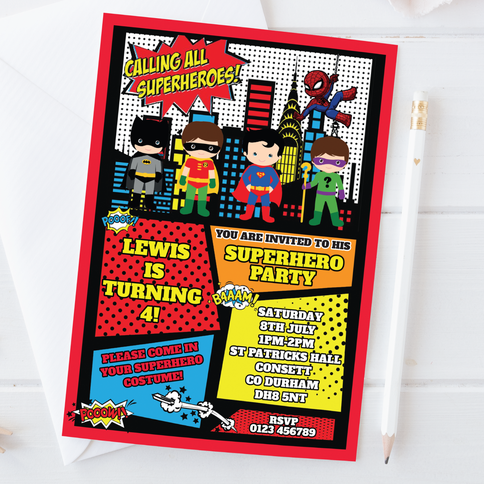 Personalised Superhero Birthday Party Invitations Fancy Dress Invites Batman x10