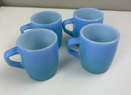 Lot of 4 Vintage Anchor Hocking FIRE KING Blue Stackable Coffee Cup Mug D Handle