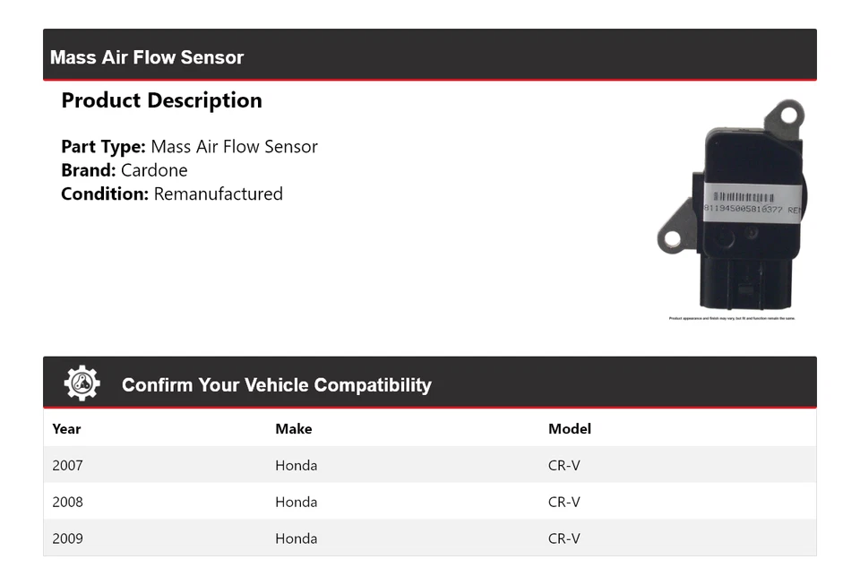 Sensor de flujo de aire másico Cardone 2008 para Honda CR-V 2007-2009 Foto 2 de 4