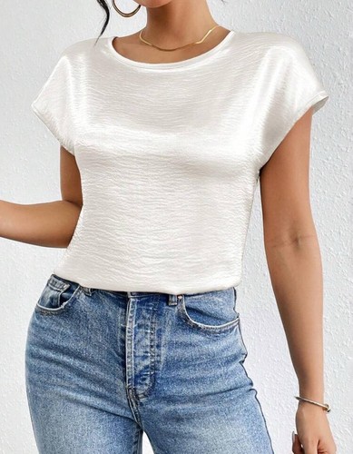 Elegant White Satin Cap Sleeve Top For Women - Picture 8 of 12