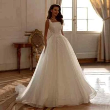 Square Neck Wedding Dresses Sleeveless Sequin Applique Tulle A Line Bridal Gowns