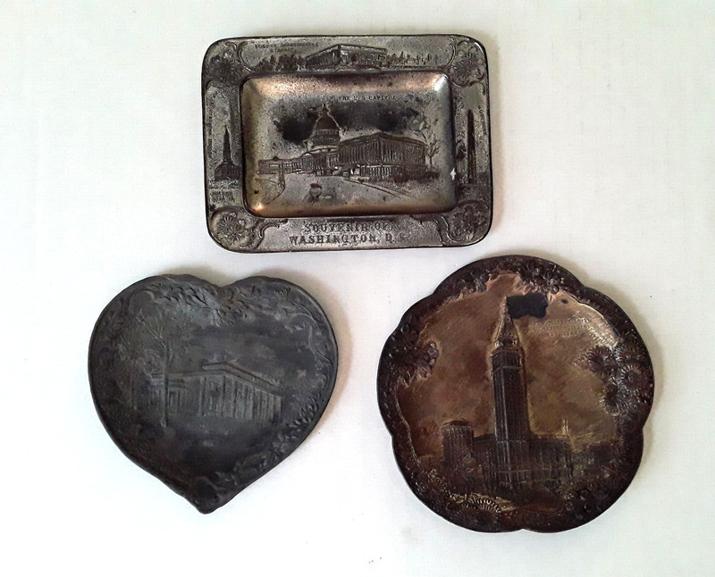 3 Vintage Souvenir Lead Ashtrays c1910 Washington DC Mt Vernon MetLife Tower NYC