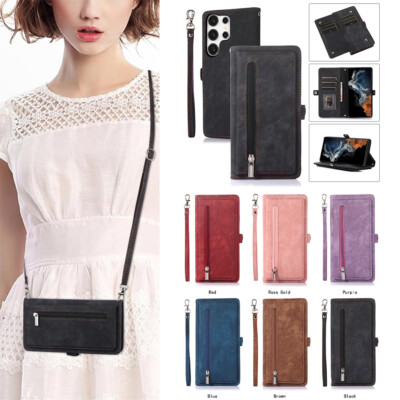 For Samsung S25Ultra S24 S22 S10 Leather Zipper Card Wallet Crossbody Phone Case