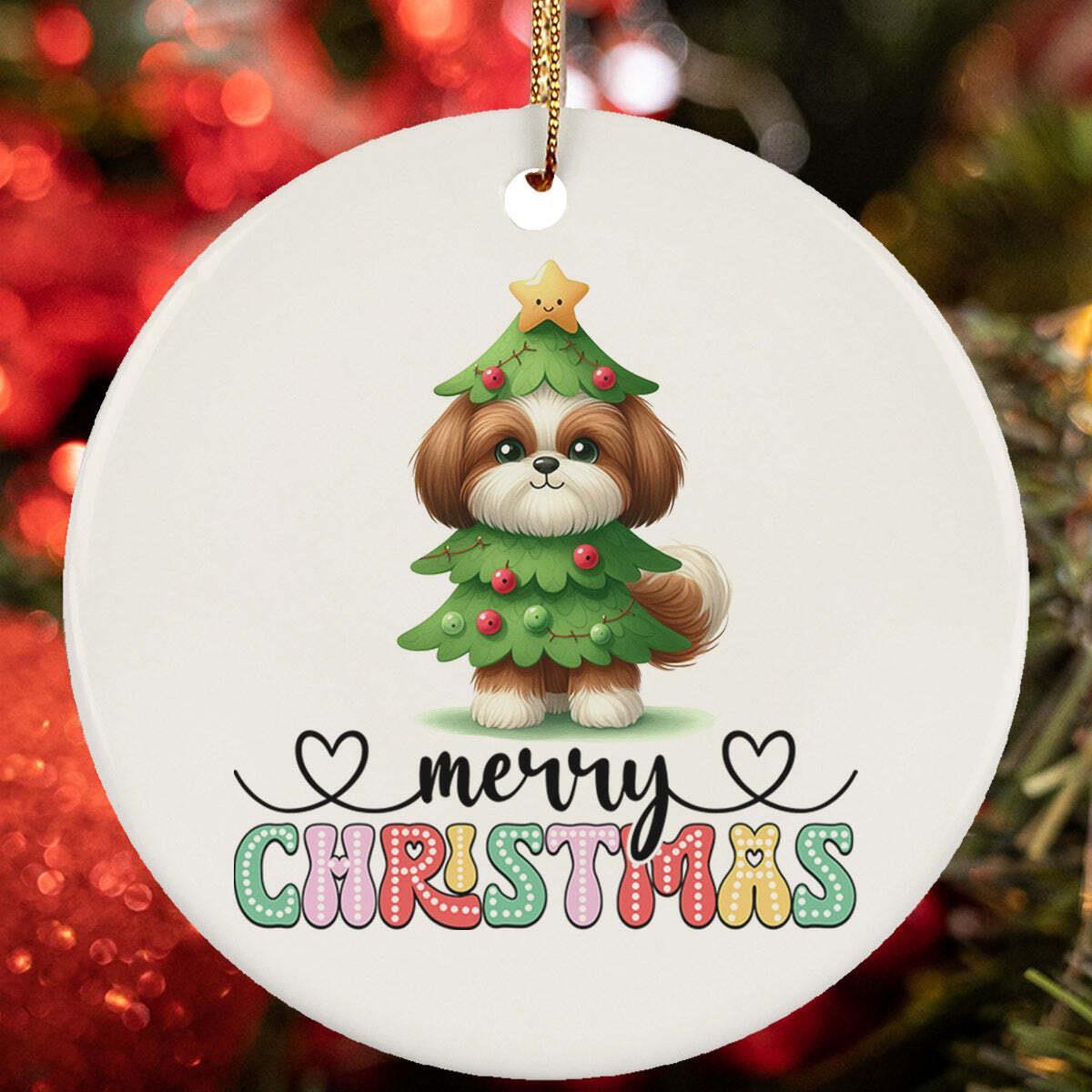 Funny Shih Tzu Dog Tree Art Merry Christmas Ornament Ceramic Gift Decor Hanging