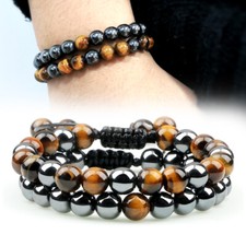 2pcs Hematite Tiger Eye Beads Bracelet Handmade Adjustable Men Protection Energy