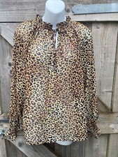 H&M SEMI SHEER LEOPARD PRINT LONG SLEEVE RUFFLE TIE NECK BLOUSE EU34/UK8