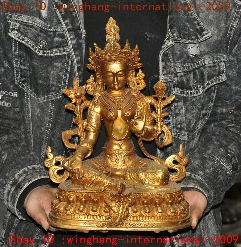 12"Tibetan Buddhism temple Bronze Gilt green Tara Kwan-Yin Guanyin Buddha statue - Image 4 of 4