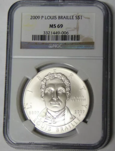 NGC MS69 2009-P Louis Braille Commemorative Silver Dollar #3321449-006