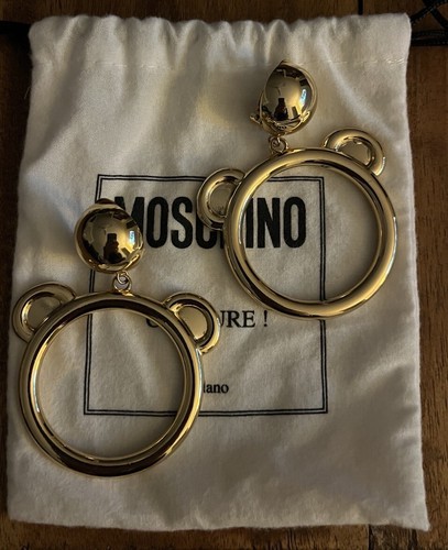Moschino Couture Teddy Bear Clip On Hoop Drop Gold Look Earrings Made In Italy