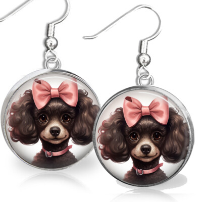 Pink Hair Bow Black Poodle Art Print Sterling Silver Earrings Poodle Mom Gift