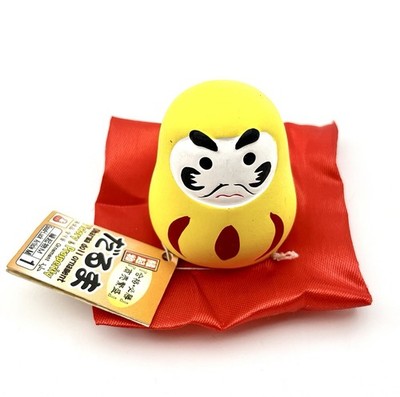 Japanese Daruma Doll Yellow Mini Good Luck Charm w/ Cushion Tag Vintage