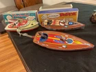 3 Schylling Tin Lithograph Windup toys POPEYE FELIX THE CAT & Victoria Speedboat