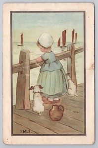 Süße Mädchen Holländische Haube & Hund auf Pier C.W. Faulkner Serie 882E um 1910 Künstler IMJ