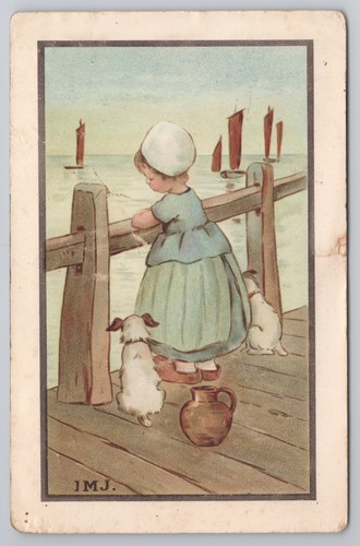 Süße Mädchen Holländische Haube & Hund auf Pier C.W. Faulkner Serie 882E um 1910 Künstler IMJ