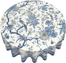 Chinoiserie Round Tablecloth 60In Blue White Floral Birds Porcelain Style Cover