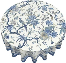 Chinoiserie Round Tablecloth 60In Blue White Floral Birds Porcelain Style Cover