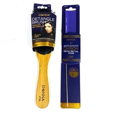 Donna Wood Detangle Brush & 9" Anti Static Carbon Metal Pin Tail Comb (2-Pack)