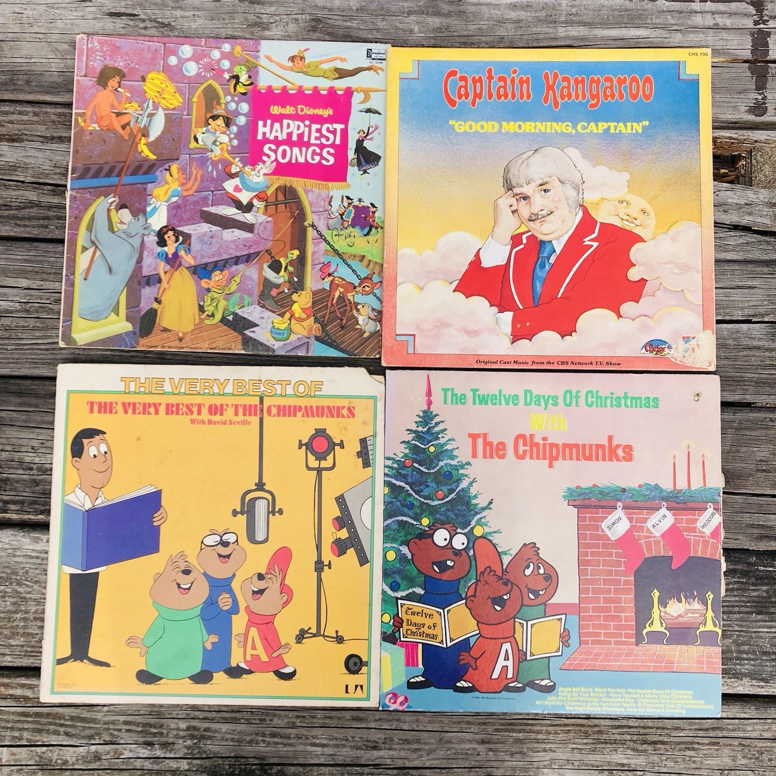 4 Vinyl LP 33 RPM Captain Kangaroo, 2 Chipmunks Albums, & Walt Disney Songs