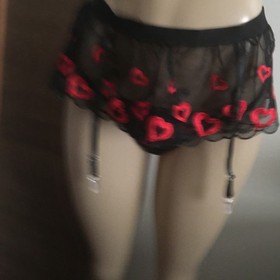 Sexy Lingerie Set Of 3 Black Lace Embroidered Red Heart Open Bra Thong Skirt NEW