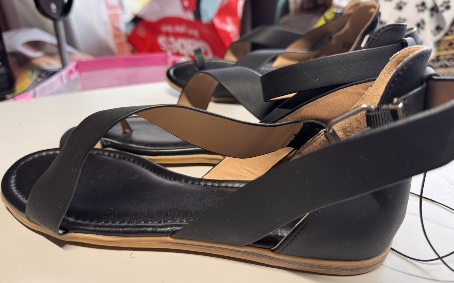 Women's Black Strappy Ankle Strap Buckle Sandals Faux Leather Upper Size 11