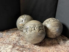 Hand Carved Decorative Wooden Balls - Set Of 3 approx 4.5" x 5" each heavy
