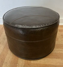 Vintage HASSOCK STOOL brown vinyl ottoman mid century modern round foot rest 50s