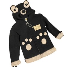 Earth Ragz Kids Bear Hooded Zip Sweater Wool Cotton Black Beige Size 4 NWT